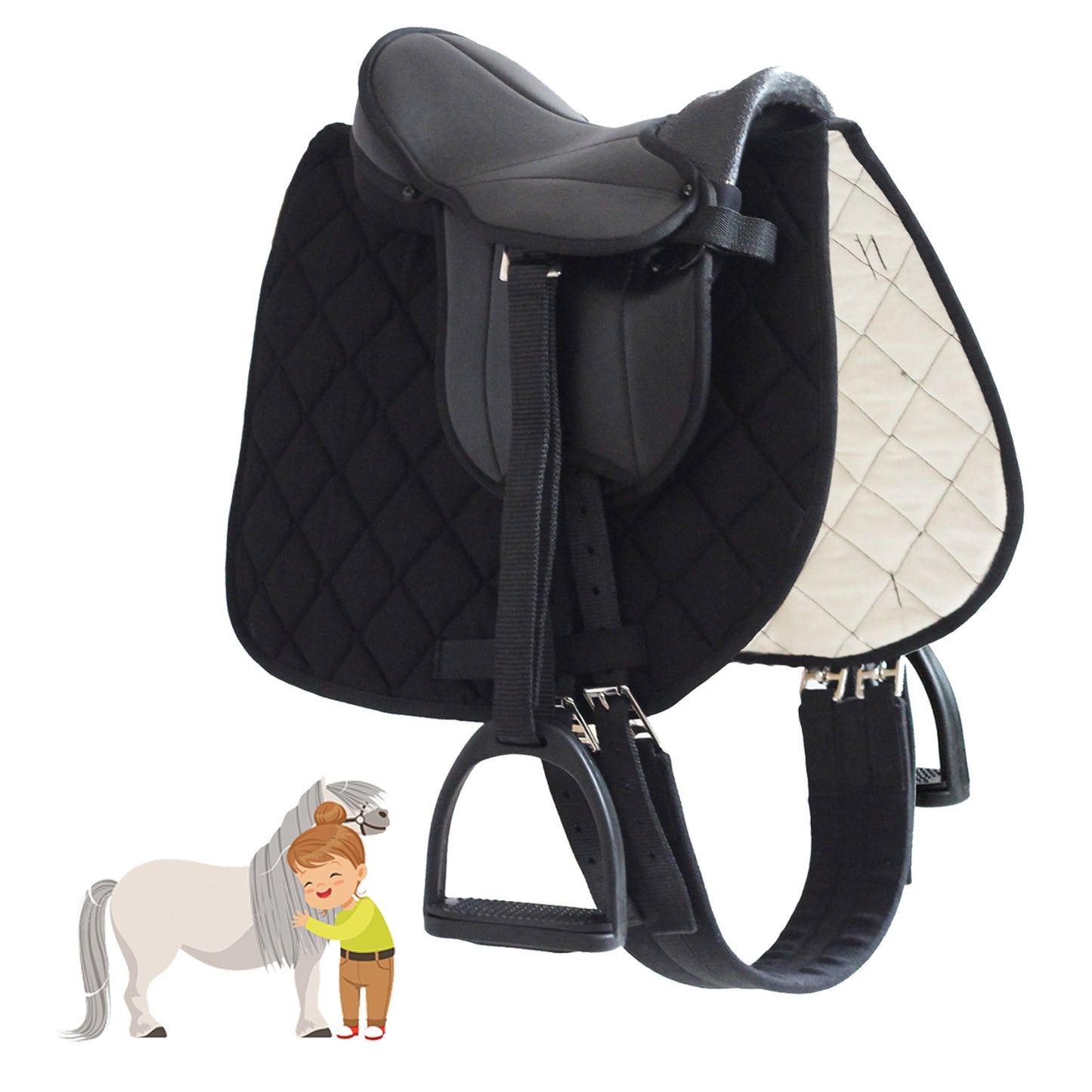 My Sweet Pony® Kinder Shettysattel-Set in Schwarz | Sattel für Pony Shetty und Holzpferd | Alles enthalten | Sattelgurt, Schabracke, Steigbügel und Riemen | Ideal für erste Reitversuche | DIN geprüft