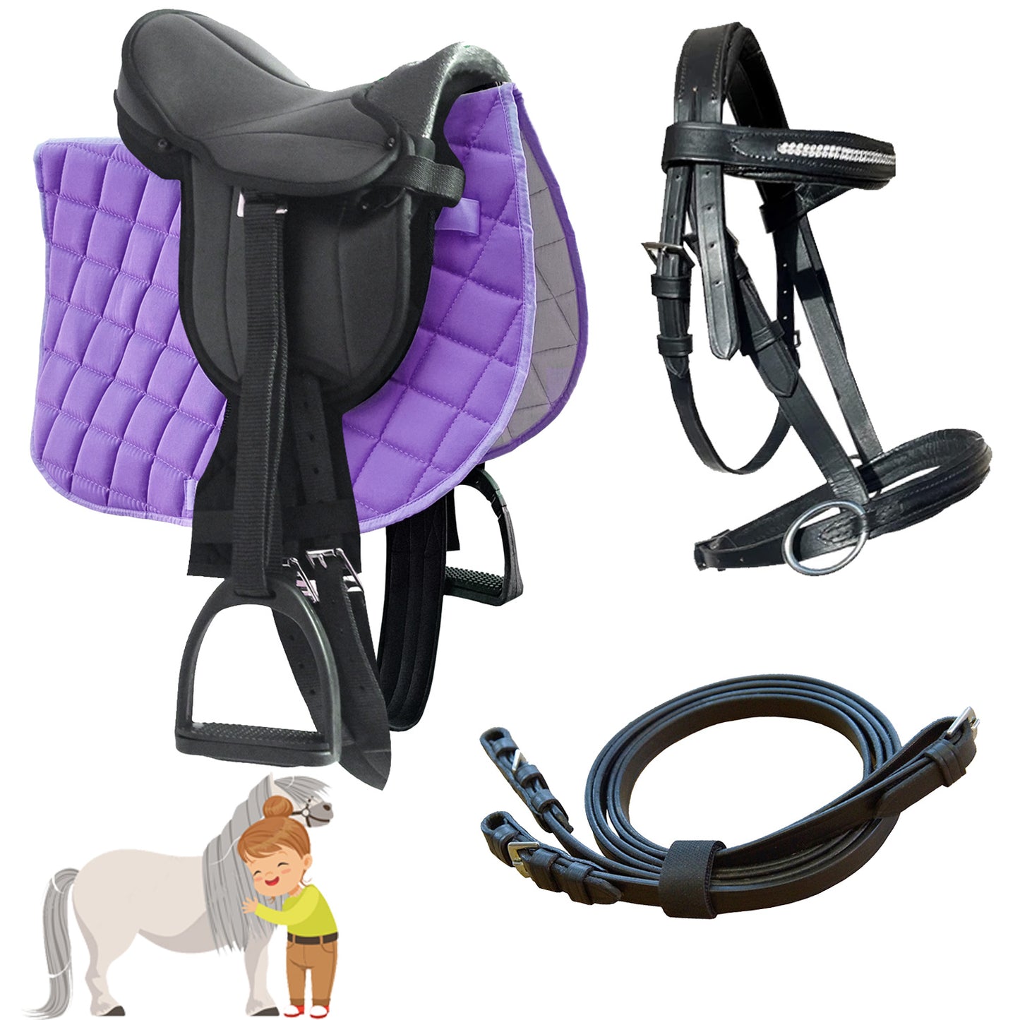 My Sweet Pony® Kinder Shetty Sattel-Set Purple Love + Trense + Zügel | für Pony Shetty und Holzpferd | Alles enthalten | Komplett-Set | Ideal für erste Reitversuche | Sattel DIN geprüft