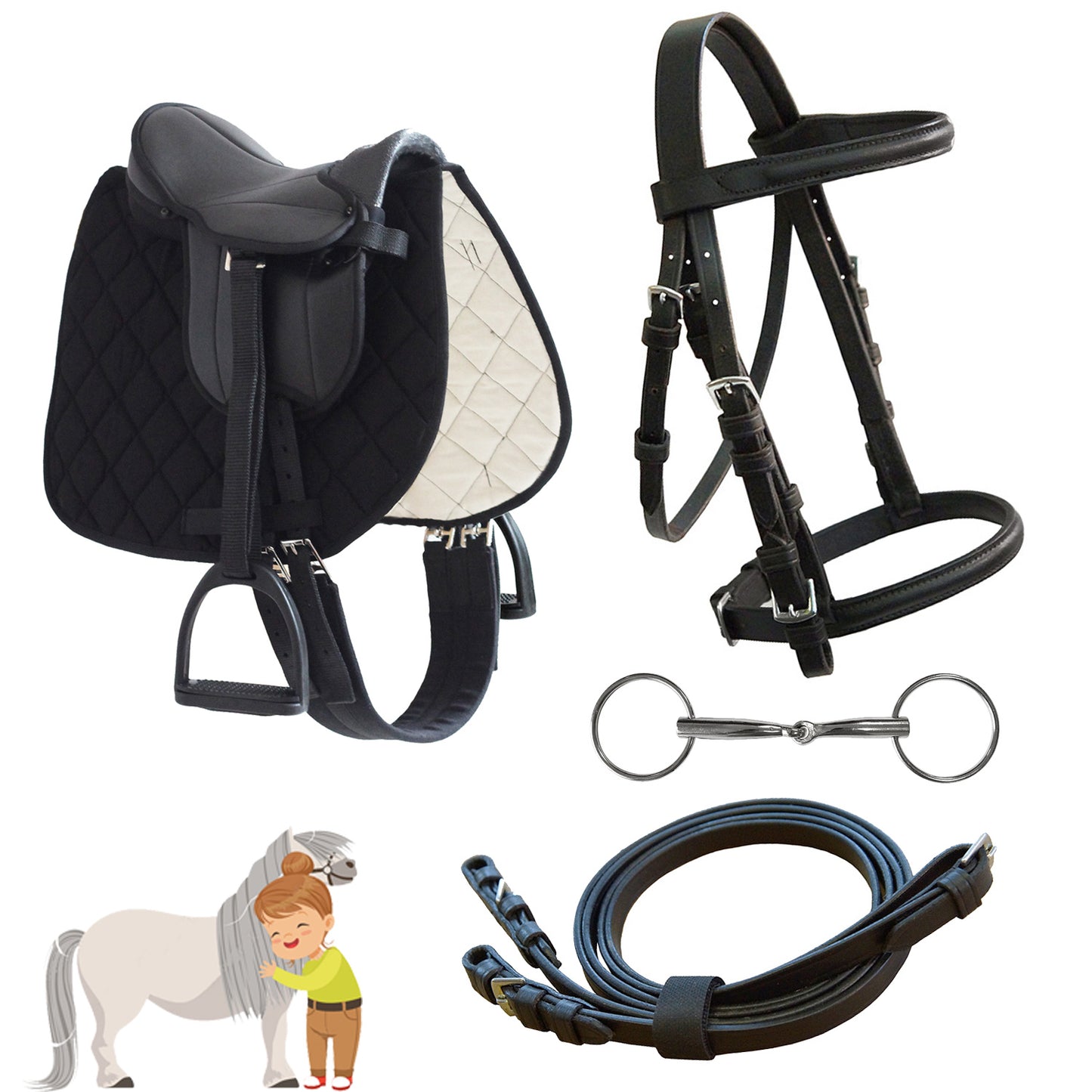 My Sweet Pony® Kinder Shetty Sattel-Set + Trense in Schwarz | für Pony Shetty und Holzpferd | Alles enthalten | kompletter Sattel + Trense | Ideal für erste Reitversuche | DIN geprüft
