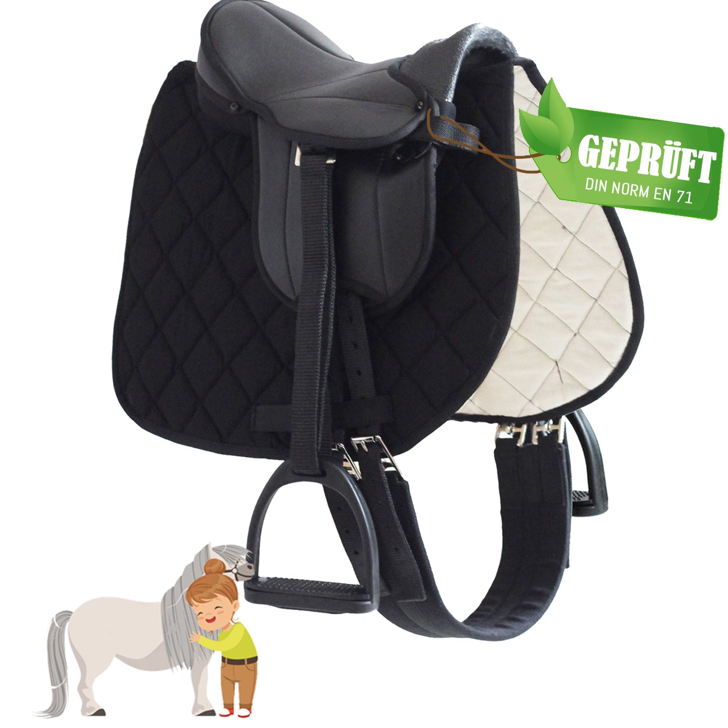 My Sweet Pony® Kinder Shettysattel-Set | Sattel für Pony Shetty und Holzpferd | Alles enthalten | Sattelgurt, Schabracke, Steigbügel und Riemen | Ideal für erste Reitversuche | DIN geprüft