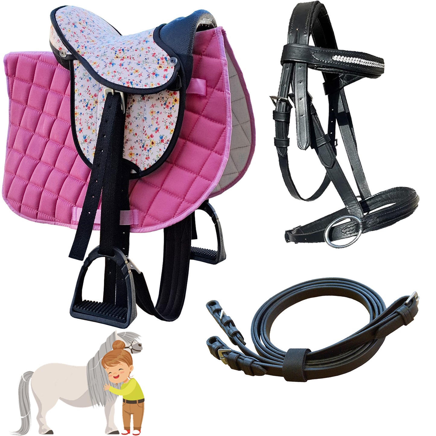 My Sweet Pony® Kinder Shettysattel-Set Pink Flower + Trense + Zügel | für Pony Shetty und Holzpferd | Alles enthalten | Komplett-Set | Ideal für erste Reitversuche